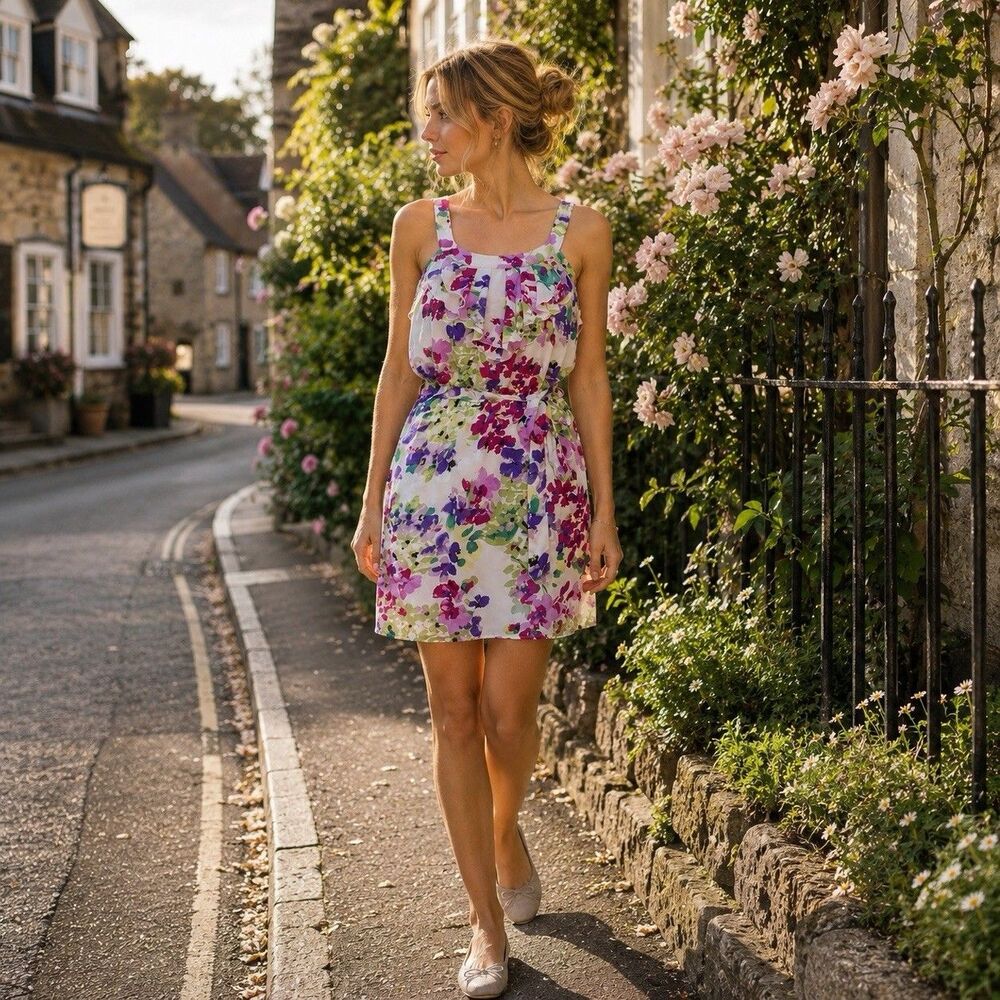 Tiffany Floral Sleeveless Mini Dress Ruffled Sz 36/ XS